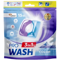 PRO WASH 3 in 1 „Mountain Freshness” mosókapszula – tisztaság, frissesség és mosógép-védelem, 15 mosásra.